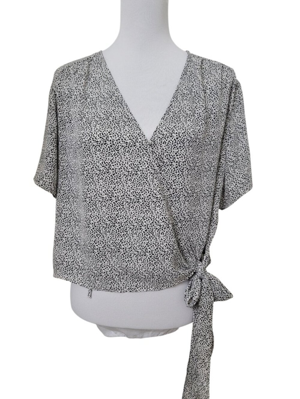 Lush Size XL "Rayna" Faux Wrap Cropped Blouse, White w/ Black Abstract Dots